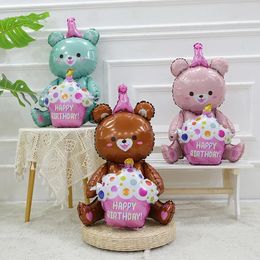 Ins 4D Pink Bear Hugs Cake Foil Balloon Girl Baby Happy Birthday Party Favours Gift For Kids P o Props 231220