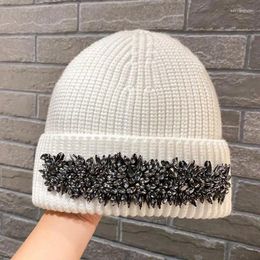 Berets Luxury Rhinestones Fashion Women Winter Hats Woollen Hat Skullies Beanies Knitted Lady Warm Walking Bonnet Cap