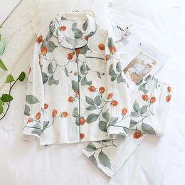 Women's Sleepwear Pajamas Spring Autumn Styles Pure Cotton Gauze Crepe Fabric Long Sleeved Home Clothing Thin Set