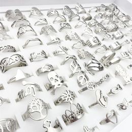 Whole 100pcs Lot Mens Womens Stainless Steel Band Rings Silver Laser Cut Patterns Hollow Carved Flowers Mix Styles Fashion Jew302Z