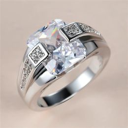 Trendy Male Female White Crystal Stone Ring Charm Silver Color Wedding Ring Classic Square Zircon Engagement Rings For Women Men309J