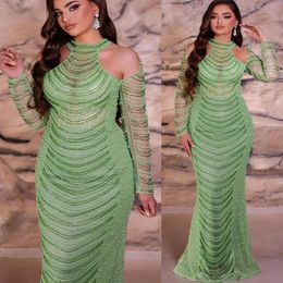 2024 Aso Ebi Mermaid Sage Prom Dress Sequined Lace Pearls Evening Formal Party Second Reception Birthday Engagement Gowns Dresses Robe De Soiree ZJ371