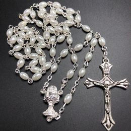 Pendant Necklaces 10pcs set White 6 4mm Glass Pear Rosary Oval Bead Catholic Rosario Cute Pearl Necklace Chalice Center253E