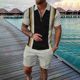 Men's T-Shirts Fashion Men Casual Set Streetwear 3d Print Short Sleeve Striped Polo Shirt + Shorts Summer Harajuku Sportswear MenS ClothingL231026