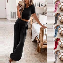 Women's Sleepwear 2pcs Knitted Pyjamas Solid Short Sleeve Top Loose Trousers Home Clothes Loungewear For Women Pjs