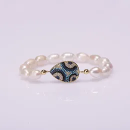 Strand White Tiny Natural Freshwater Pearl Copper Micro-inlaid Zircon Blue Connector Beaded Bracelet For Woman Charm Jewellery