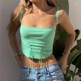 Women's Tanks 2023 Fashion Women Sexy Drawstring Tie Up Ribbed Camisole Solid Colour Sleeveless Square Neck Crop Top Summer Casual Tank