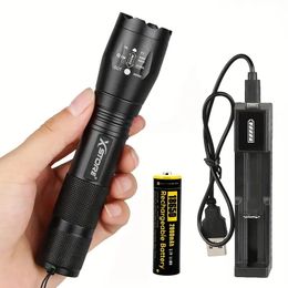 LED Zoomable Flashlight W/18650 Battery & USB Charger, Super Bright 5 Modes Mini Portable Torch For Camping Outdoor Emergency