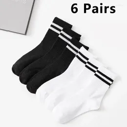 Men's Socks 6 Pairs High Tube Mid Length Stockings Set For Men In Solid Black And White With Parallel Bars Sweat Absorption