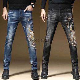 Men's Jeans Mens Dragon Embroidery High Quality Denim Pants Slim-fit Stretch Scratches Casual Jeans White-washed Jeans Pants; L231220