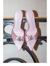 Dress Shoes Candy Color Cute Summer Pointed Rhinestone High Heels Stiletto Satin Diamond Heel Slippers