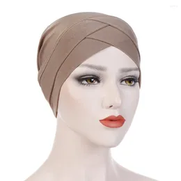 Ethnic Clothing Cross Head Wrap Chemo Bandana Muslim Cap Women Solid Colour Bohemian Stretchy Turban Hat Multifunctional Scarf Hijab Caps