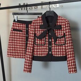 Autumn Winter Vintage Tweed Jacket Short 2 Piece Set s Outfits Slim Thousand Bird Cheque Skirt Crop Coat Y2k Skirts 231220