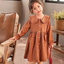 Girl Dresses Corduroy Dress For Girls Embroidery Floral Long Sleeve Clothing Autumn Spring 2023 Children Fashion Baby Clothes Kids Costume