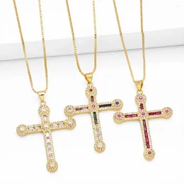 Pendant Necklaces FLOLA Big Fuchsia Crystal Cross For Women Gold Plated Box Chain Short Religious Jewellery Gifts Nker87