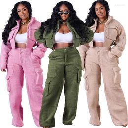 Women's Two Piece Pants Solid Casual Cargo Cashmere Warm 2 Set Women Long Sleeve Zipper Short Jacket High Waist Pockets Trends Streetwear