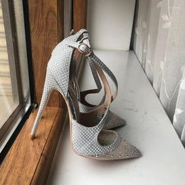 Sandals Glitter Silver Sequins Women Cross Strap Gauze Pointy Toe High Heel Shoes Summer Ladies Sexy Stiletto Pumps Size 33-45