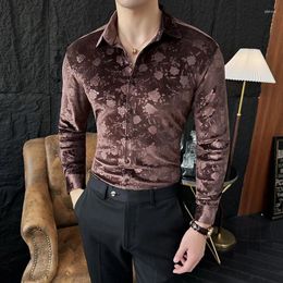 Men's Casual Shirts Korean Autumn Winter Velvet Shirt For Men Long Sleeve Slim Office Social Party Tuxedo Blouse Clothing