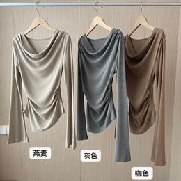 Women's T Shirts 2023 Autumn For Women Crop Tops Vintage Korean Retro High Street Pleated Off Shoulder T-Shirt Streetwear Tee Shirt