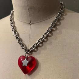 Pendant Necklaces Red Crystal Love Heart Star Necklace For Women Punk Cool Charm Y2k Aesthetic Clavicle Chain Korean Fashion Jewelry