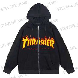 Men's Hoodies Sweatshirts Gothic Flames Ins High Street Y2K Unisex Inner Fleece Hoodies Sweatshirt Zip Up Oversized Men's Women's Streetwear Coat Tops T231220