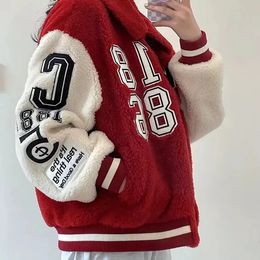 Autumn winter American lamb wool baseball uniform women loose all match national embroidered Y2K velvet casual Jacket 231220