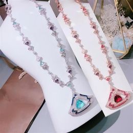 Europe America Fashion Lady Women Brass Color Stones 18K Gold Long Necklaces With Hollow Out Setting Diamond Red Blue Zircons Fan 229n