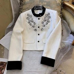 Women's Jackets Autumn Winter Office Ladies Elegant Woollen Short Coat Long Sleeve Pearls Diamonds Vintage Stand Collar Women Tweed Jacket