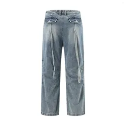 Men's Jeans Vintage Washed Clothes Pleated Trousers For Men Baggy Straight Cargo Pants Women Back Ribbons Blue Floor Mop