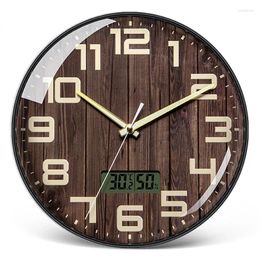 Wall Clocks Creative Wood Grain Luminous Clock Living Room Study Bedroom LCD Temperature And Humidity Simple Nordic Style Watch