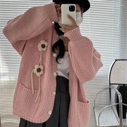 Women's Knits EBAIHUI Korean Sweater Solid Color Flower 3D Decoration Ladies Knitwear Autumn And Winter Cute Long Sleeve Cardigan