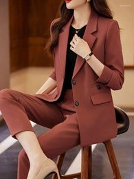 Women's Two Piece Pants Elegant Pant Suits Long Sleeve Streetwear Office Solid Turn Down Collar Slim 2023 Autumn Winter Coats