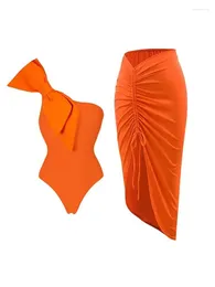 Women's Swimwear Sexy One Shoulder Solid Piece Women 2023 Orange High Waisted Bikini Backless Tight Beach Outfit With Cover Up Skirt