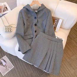 Work Dresses Large Size 5XL Herringbone Woolen Gray Suit Hoodies Jacket Top And Mini Pleated Skirt Two Piece Sets Women Y2K Uniform Winter