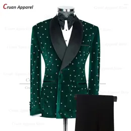 Men's Suits Luxury Beading Dark Green Velvet Men Suit Set Evening Dinner Formal Tailor-made Blazer Pants 2 Pcs Wedding Groom Slim Fit Outfit