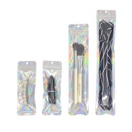 Clear and Holographic Brush Packing Bags with Hanger Hole 100pcs lot Zipper Seal Packaging USB Bag Multi-sizes Necklace Watch Pack Aqcfu