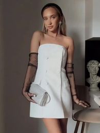 Fashion Double Breasted Patchwork Mini Dress For Women Sexy Backless Strapless Slim Dresses Elegant Ladies Commute Party Robes 231020