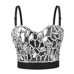 Women's Tanks Women Plexiglass Petal Embroidery Beading Diamonds Camisole Crop Tops With Bra Glitter Sparky Stage Costumes Camis Top Club