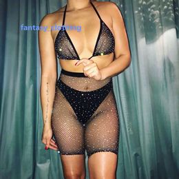 Fishnet Rhinestone Bra and Shorts Visible Sexy Lingerie Set