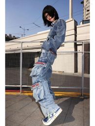 Women's Jeans Stitched Lines Multi-pocket Workwear Straight For Women Y2k Baggy Design High-waisted Cool Hip-hop Trendy Couple Pants