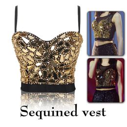 Camis Women Sexy Beaded Diamond Shiny Sequins Camisole Night Club Party Corset Crop Tops Glass Padded Push Up Bustier Bra Bralette