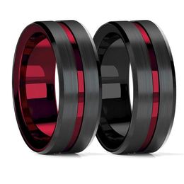 Wedding Rings Fashion 8mm Red Groove Beveled Edge Black Tungsten Ring For Men Brushed Steel Engagement Men's Band306G