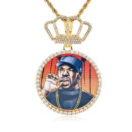 European and American hip hop crown large circular custom photo pendant micro inset zircon men full of diamonds Personalised necklace