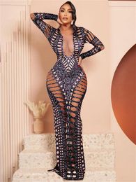 Casual Dresses See Through Deep V Neck Long Sleeve Women's Maxi Prom Dress Diamond Hollow Out Sexy Party Evening 2023 Summer