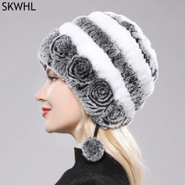 Beanie/Skull Caps Winter Women Flowers Striped Natural Real Rex Rabbit Fur Hats Lady Warm Knit Genuine Fur Caps Russian Outdoor Fur Hats 231219