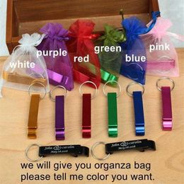 Party Favor Personalised Bottle Opener Keychain With Organza Bag Keyrings Personalized Wedding Birthday Gifts For Guests1271E