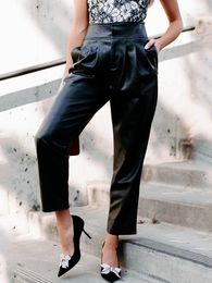 Women's Pants Women Casual Matte Leather Harem Ladies High Waist Loose Wide Leg PU Cropped With Pocket Straight Trousers Custom