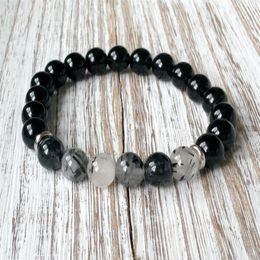 SN1055 Top Quality Black Onyx Rutilated Quartz Bracelet Healing Bracelet Bracelet Heart Chakra Yoga Jewelry2303