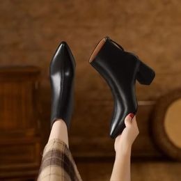 Boots Slim Ankle Boot's French Black Pointed Toe Sewing Back Zipper Mid Heel Short 2023 Thick Heels Shoe 231219