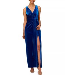 Classy Long Blue Velvet Evening Dresses With Slit Mermaid V-Neck Pleated Ankle Length Prom Dress Party Dresses for Women